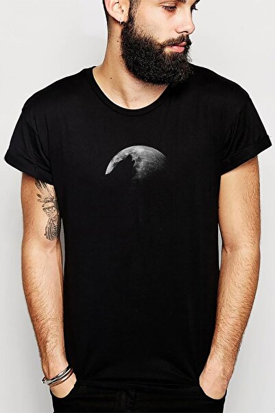 QIVI Tricou tricotat pentru bărbați, negru, cu lună plină de lup, tricou
