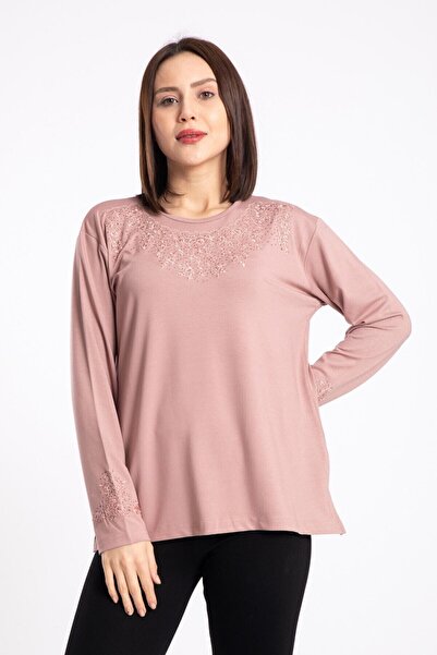 Nacar Anne Yaka Süslemeli Penye Bluz( Yaka Deseni Farklılık Gösterebilir )