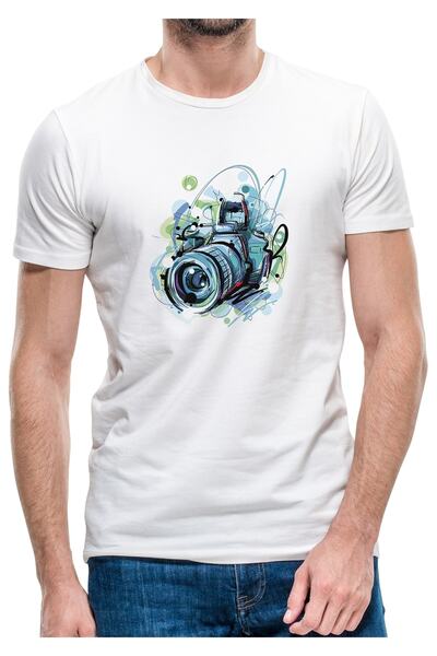 QIVI تي شيرت أبيض محبوك للرجال مطبوع عليه عدسة الكاميرا