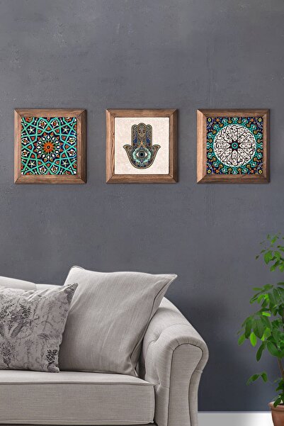 Oscar Stone Decor Masif Ahşap Çerçeveli 3'lü Set Taş Tablo Pano 28x28 cm Hand...