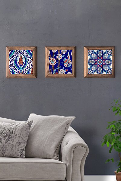 Oscar Stone Decor Masif (ahşap) Çerçeveli 3'lü Set Taş Tablo Pano 28x28 Cm Çi...