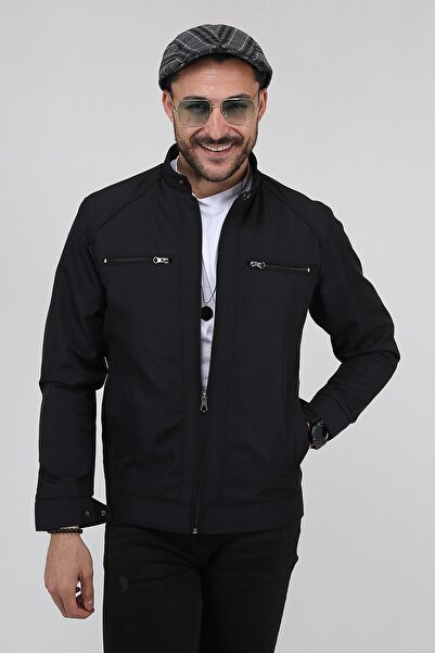 REGOS Erkek Siyah Kolları Çıtçıt Ve Omuzları Biye Detaylı Pamuk Astarlı Ince Yazlık Mevsimlik Mont