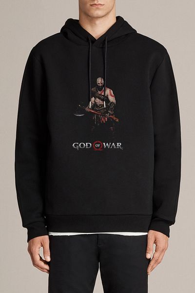 QIVI God Of War Screen Printed Black Men's Knitted Hooded Sweatshirt Long Sleeve