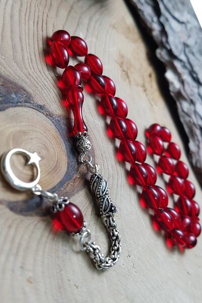 OTTOTESBİH Model Ayyıldız cu ciucuri argintii 7x11mm Tesbih din chihlimbar roșu foc