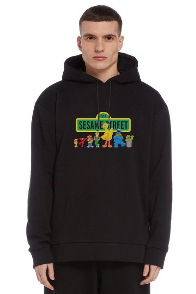 QIVI Sesame Street Printed Black Men's Knitted Hooded Sweatshirt Long Sleeve