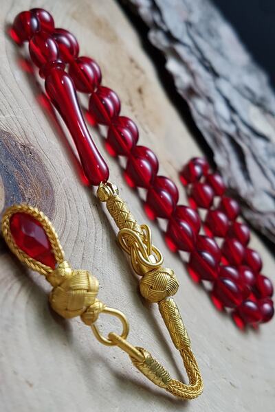 OTTOTESBİH Mărgele de rugăciune din chihlimbar roșu foc, placate cu aur, argint Kazaz, cu ciucuri, 7x11 mm