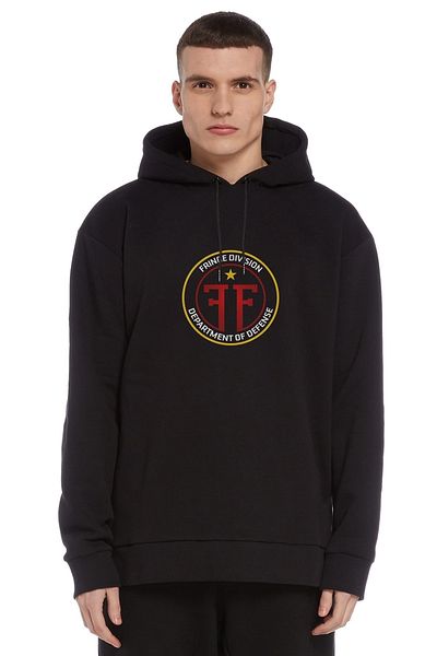 QIVI Fringe Division Logo Printed Black Men's Knitted Hooded Sweatshirt Long Sleeve