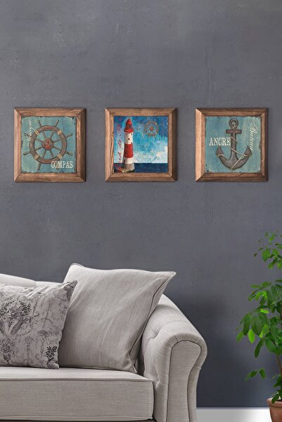 Oscar Stone Decor Deniz Feneri Çapa Dümen Masif Ahşap Çerçeveli Taş Tablo Pano 3'lü Set  28x28 cm
