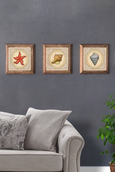 Oscar Stone Decor Masif (ahşap) Çerçeveli 3'lü Set Taş Tablo Pano 28x28 Cm De...