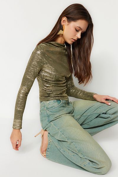Trendyol Collection Χακί Foil Printed Gathered κανονική εύκαμπτη πλεκτή μπλούζα TWOAW24BZ00432