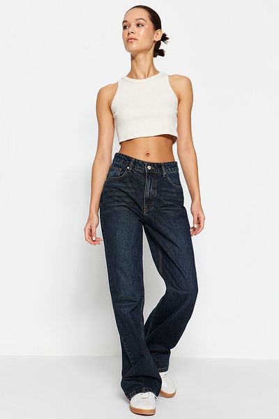 Trendyol Collection Blugi largi cu talie înaltă albastru închis TWOSS24JE00019