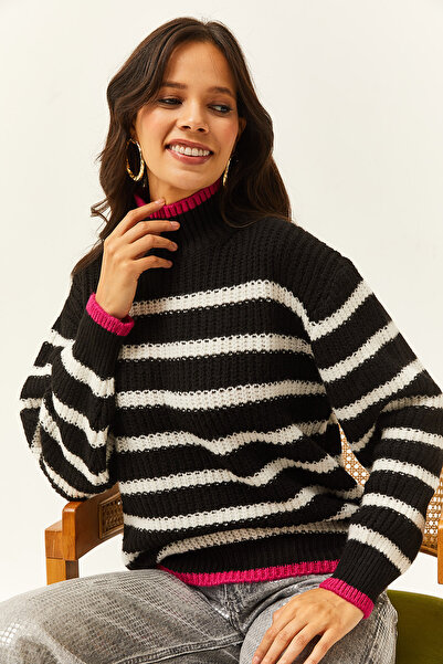 Olalook Pulover pentru femei cu guler și fustă neagră în dungi KZK-19000713