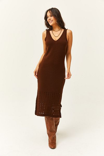Olalook Women's Bitter Brown Top Openwork Sweater Bottom Openwork Dress Knitwear Suit TKM-19000246