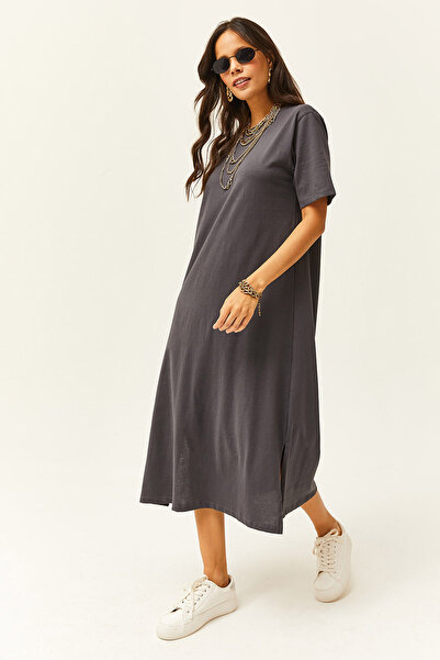 Olalook Kadın Füme Yanı Yırtmaçlı Oversize Pamuk Elbise ELB-19001880