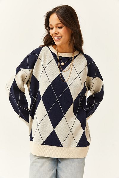 Olalook Women's Navy Blue White Diamond Patterned Thick Knitwear Sweater KZK-19000589
