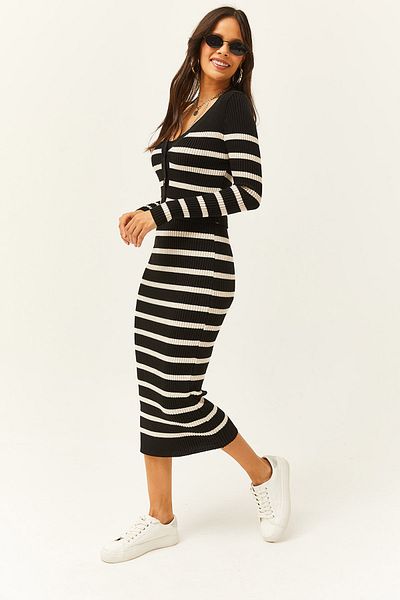 Olalook Women's Black Top Cardigan Underwear Dress Striped Knitwear Suit TKM-19000244