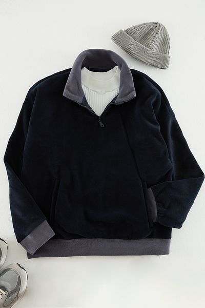 Trendyol Collection Námořnická modrá oversize/široký střih stojáček Barevný blok Polar Fleece mikina proti žmolkování Tmnaw24Sw00036