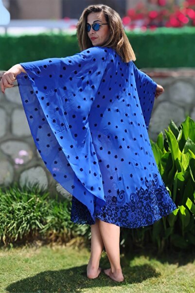 FAZZA FABRİKA Saks Flok Baskı Plaj Elbisesi