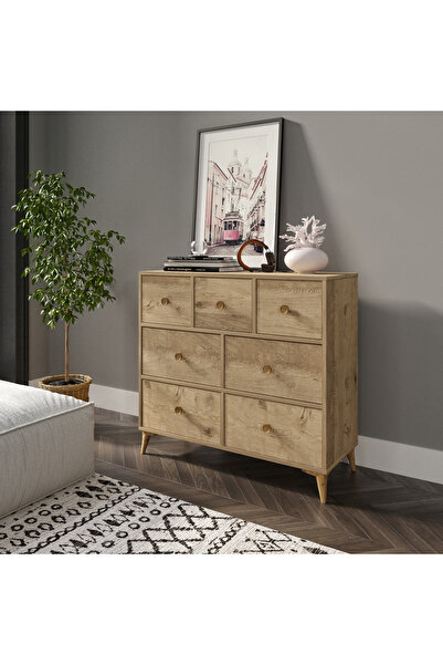 KZNMOB HOME Karanfil 7 Çekmeceli Modern Meşe Şifonyer - Tamamı 1. Kalite Mdf