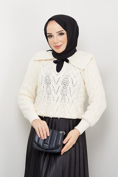 Pamuk Butik Pulover de damă cu guler cu perle