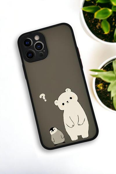 mooodcase iPhone 12 Pro Uyumlu Penguen ve Ayıcık Desenli Buzlu Şeffaf Lüx Telefon Kılıfı