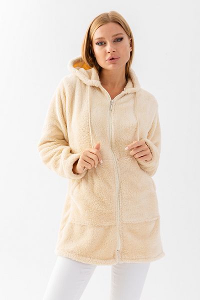 EtkiModa Women's Dark Cream Hooded Long Plush Jacket