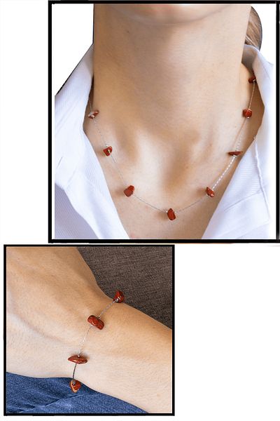 Tesbih Atölyesi Certified Red Jasper Stone Natural Stone Necklace Bracelet Set