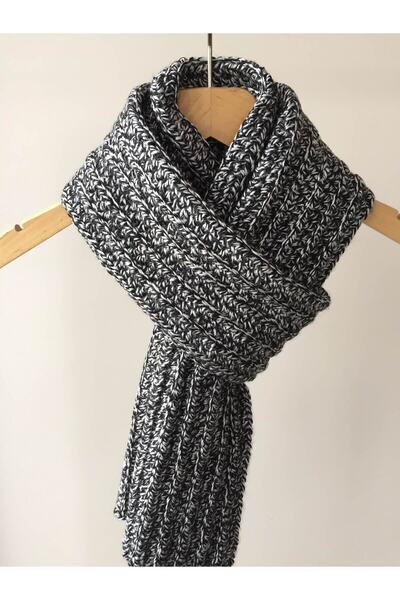 Mora Örgü Mora Knit Atkı El Örgüsü Siyah Beyaz Unisex Atkı