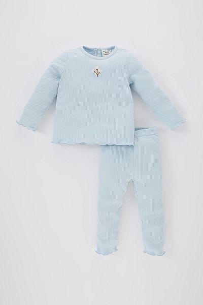 DeFacto 2-Piece Set for Baby Girl - Floral Print Ribbed Camisole, Long Sleeve T-Shirt, Elastic Waist Y1122A223Au