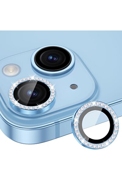 Fibaks İphone 14 / 14 Plus Ve 15 / 15 Plus Parlak Taşlı Kamera Koruma Renkli Lens Koruyucu Temperli Cam