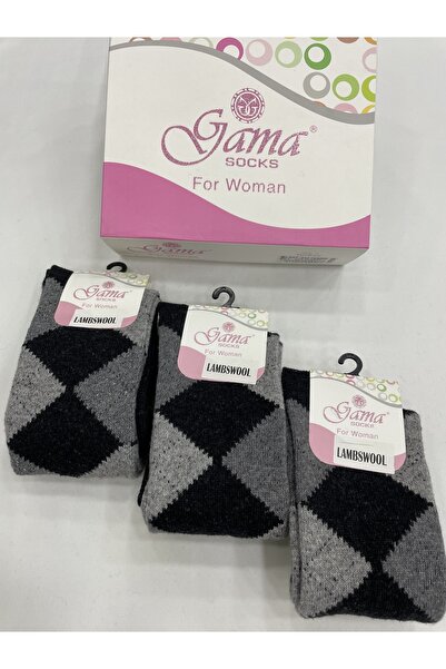 Gama Çorap 3 Pieces Genuine Lamb Wool Plaid Long Below the Knee Thick Winter Women's Socks