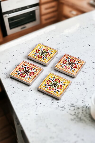 Baumatelier طقم قواعد أكواب من الحجر الطبيعي باللونين الأصفر والبرتقالي مكون من 4 قطع