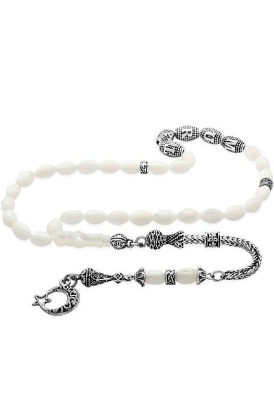 Tesbihane Non-Tarnish Metal Tasseled Barley Cut Metal Name Written Mother of Pearl Natural Stone Rosary