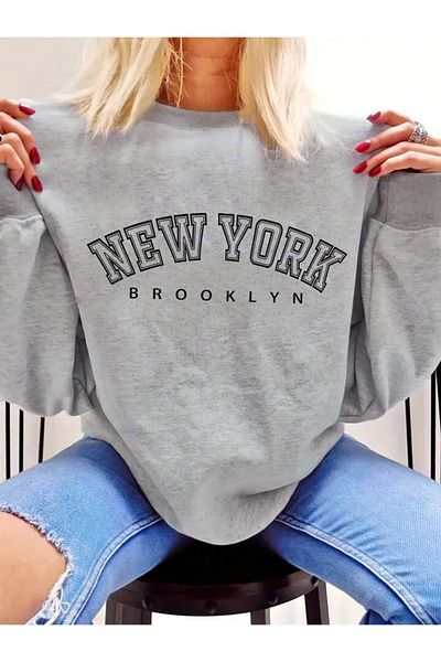 Boi Суитшърт New York Brooklyn - сив, с щампа, голям размер, дебел, с кръгло деколте