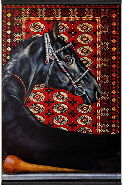 Rugs Modern Halı Siyah Kırmızı Temalı Asil At Desenli Kreatif Modern Dekorati...