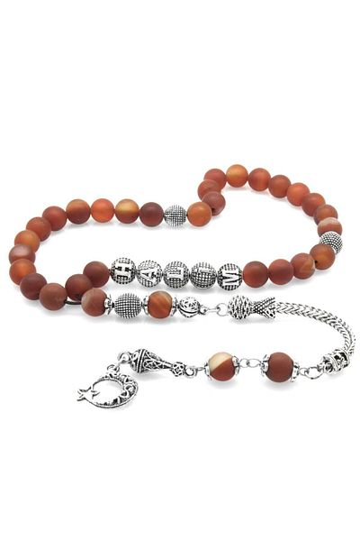 Tesbihane Non-Tarnish Metal Tasseled Globe Cut Red Matte Agate Natural Stone Rosary