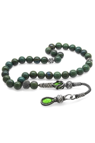 Tesbihane Ασημένιο 1000 καρατίων Kazaz με φούντα σε σχήμα σφαίρας, κομμένο από φυσική πέτρα, ροζάριο από φυσική πέτρα