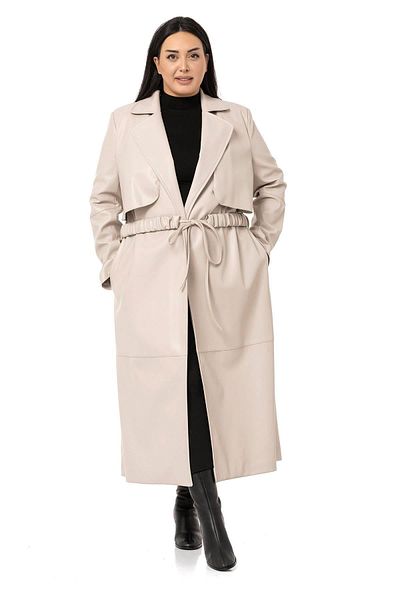 DISENTIS MODEST Large Size Drawstring Belted Windbreaker Long Leather Lined Stone Color Coat