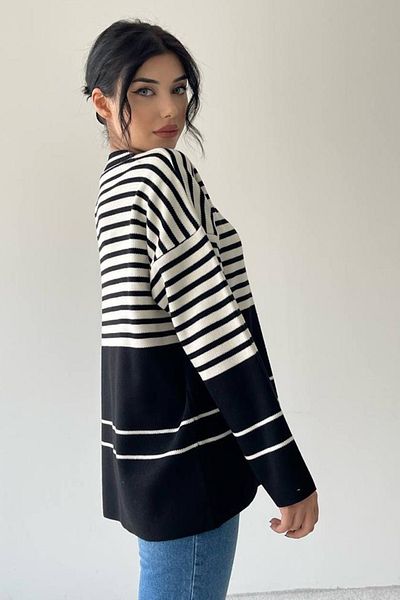 lovebox Women's Knitwear Fabric Crew Neck Striped Pattern Oversize Sweater 198