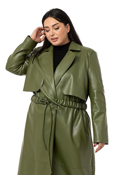 DISENTIS MODEST Large Size Gathered Belted Windbreaker Long Leather Lined Khaki Coat