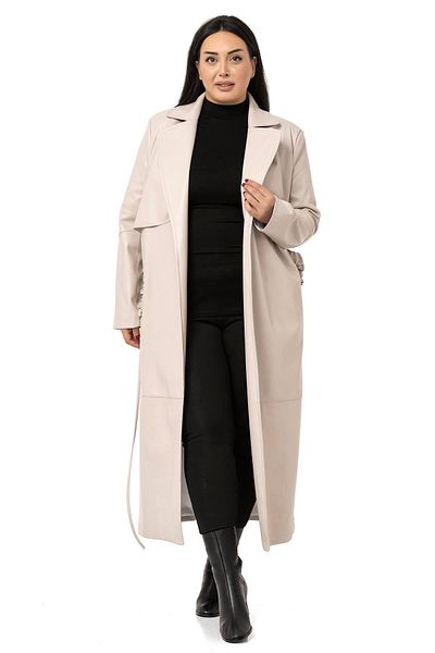 DISENTIS MODEST Large Size Drawstring Belted Windbreaker Long Leather Lined Stone Color Coat