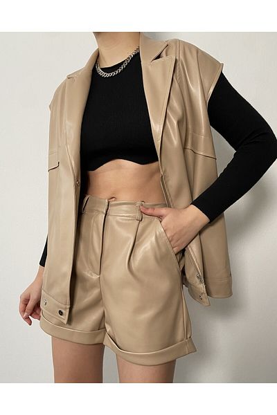 minaaise Beige Leather Zippered Oversize Vest 26081