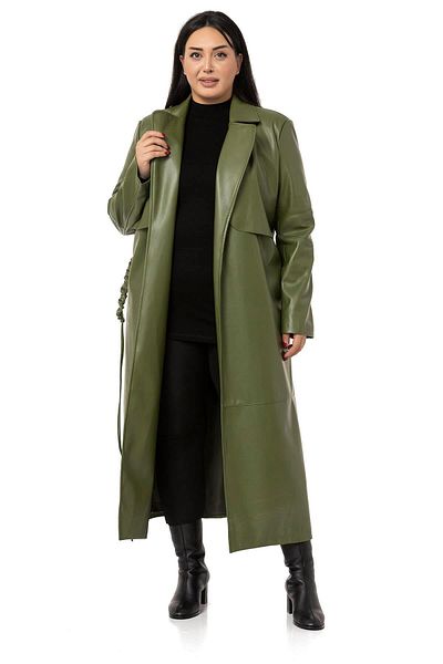 DISENTIS MODEST Large Size Gathered Belted Windbreaker Long Leather Lined Khaki Coat
