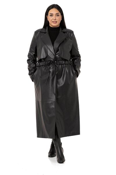 DISENTIS MODEST Large Size Gathered Belted Windbreaker Long Leather Lined Black Coat