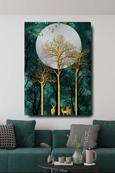 HDART Hd Kalite Modern Dekoratif Soyut Altın Geyik Ağaç Ve Kuşlar Sürreal Kan...