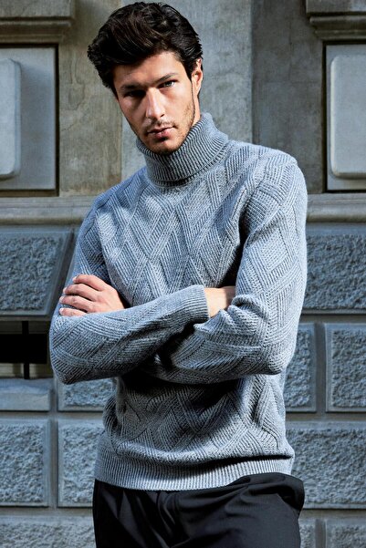 Tudors Men's Slim Fit Slim Fit Full Turtleneck Patterned Gray Knitwear Sweater