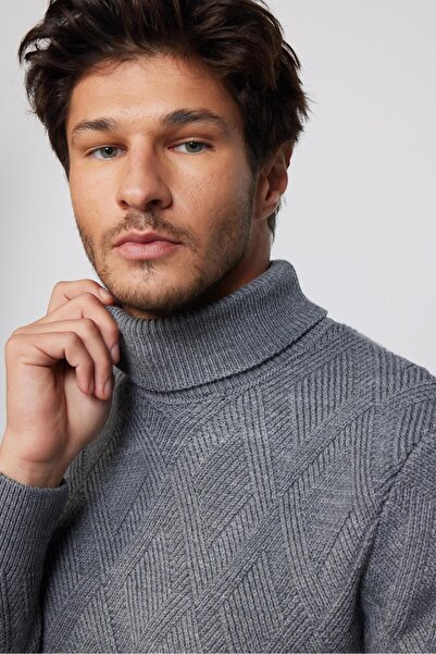 Tudors Erkek Slim Fit Dar Kesim Tam Balıkçı Yaka Desenli Gri Triko Kazak