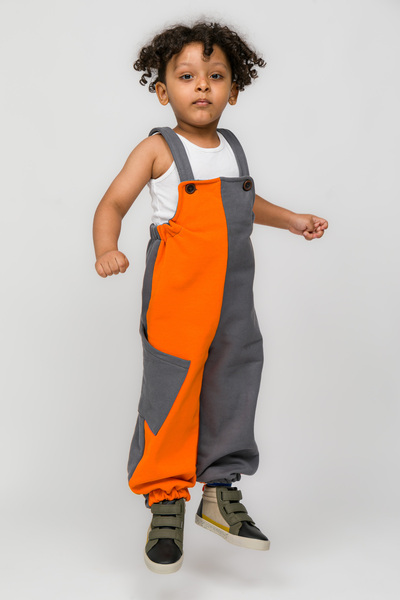 Chikichic Çocuk %100 Pamuk Handmade Yan Cepli Turuncu - Gri Kışlık Salopet