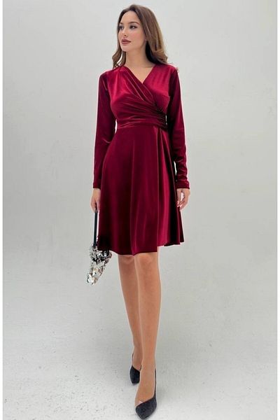 STEPS Double Breasted Collar Velvet Stylish Dress Burgundy S