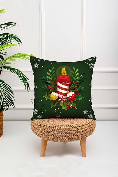 menesahome New Year's Themed Merry Christmas Written Green Colored Candle Pattern Digital Printed Throw Pillow Cover 2-Piece